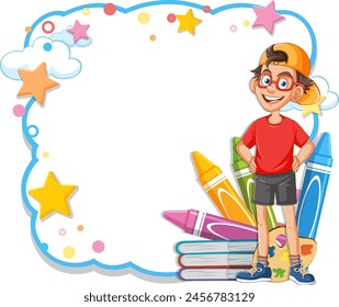 Cartoon boy with books and crayons, colorful frame.