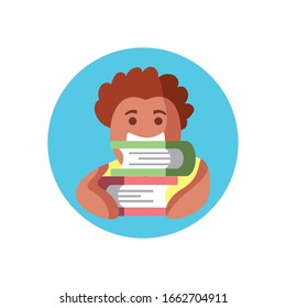Cartoon-Junge mit Büchern auf weißem Hintergrund, bunter Blockstil, Vektorillustration