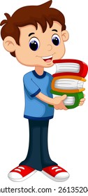 Cartoon boy bring pile of books