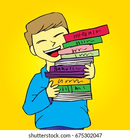 Cartoon boy bring pile of books
