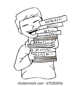 Cartoon boy bring pile of books