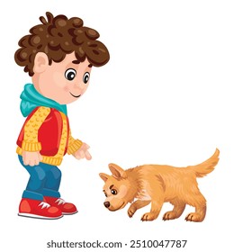 Cartoon boy with brown hair wearing a red vest is pointing at something that his puppy dog seems interested in