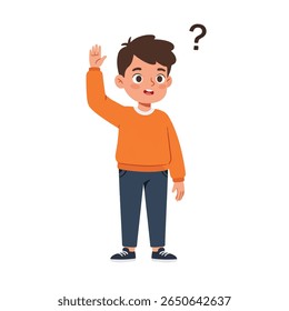A cartoon boy with brown hair, wearing an orange sweater and dark pants, raises his hand, a question mark hovering above his head, suggesting curiosity or a ...