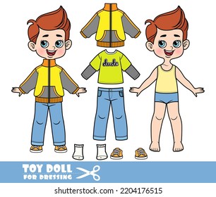 Cartoon boy with brunette hair dressed and clothes separately -T-shirt with long sleeve, jeans, windbreaker jacket and orange sneakers doll for dressing