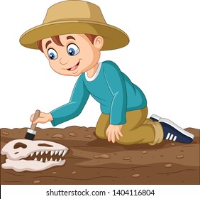 Cartoon boy brushing a dinosaur fossil 