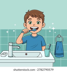 Cartoon boy brushing teeth in a tiled bathroom with sink and towel