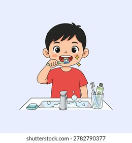 Cartoon boy brushing teeth with toothpaste at a bathroom sink