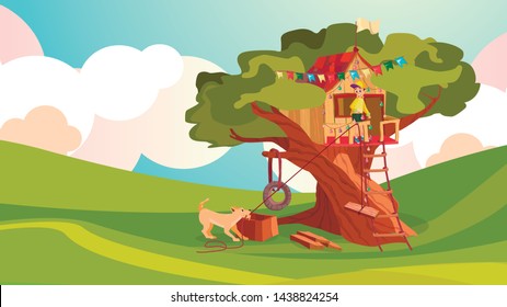 Cartoon Boy Build House On Tree, Pet Dog Help Vector Illustration. Kid Playhouse Exterior. Tire Swing On Branch. Boy Play In Wood Hut. Summer Season Fun Game. Treehouse Flag Decoration