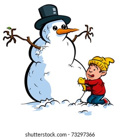 Cartoon boy building a snowman with a hat