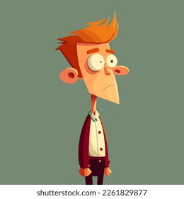 Cartoon boy with bulging eyes, a sharp face and red hair. Guy with embarrassment emotion. Character illustration.