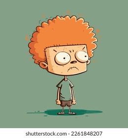 Cartoon boy with bulging eyes, a sharp face and curly red hair. Guy with embarrassment emotion. Character illustration.