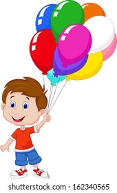 Cartoon boy with bunch of colorful balloons in his hand