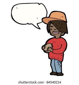 niño de caricatura con hamburguesa y burbuja de habla