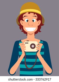 Cartoon Boy with camera.  Vector Illustration