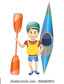 Cartoon Boy With A Canoe. Vector Illustration