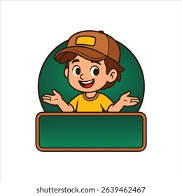 Cartoon Boy with Cap and Blank Label – Logo or Banner Template for Kids Content
