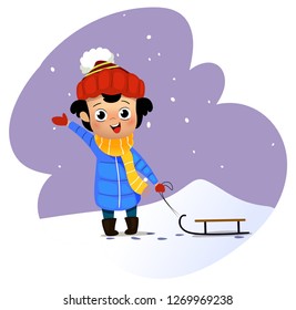 Cartoon boy carries a sled. Vector illustration