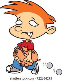 cartoon boy carrying a broken piggy bank as his coins are falling out