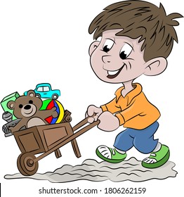 Cartoon boy carrying his toys with a wheel borrow vector illustration