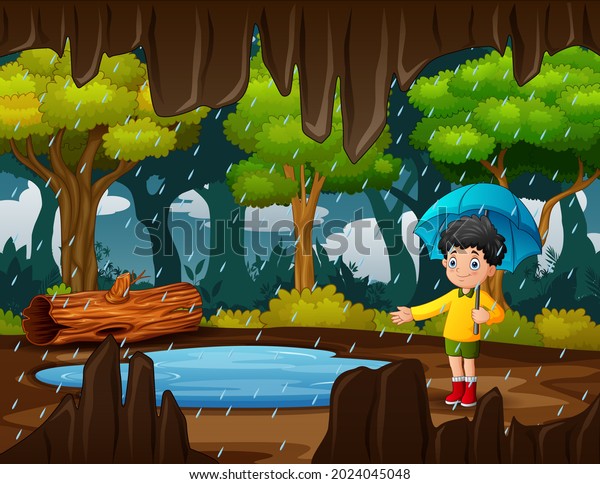 Cartoon a boy\
carrying umbrella under the\
rain
