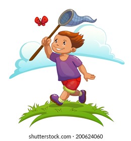 Cartoon boy is catching butterfly, isolated vector