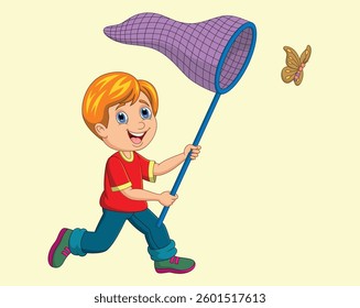 Cartoon boy catching a butterfly vector illustration