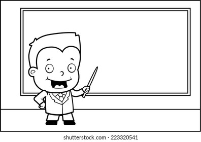 A cartoon boy at the chalkboard teaching class.