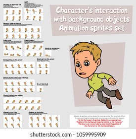 Cartoon boy character big vector animation sprites sheet set. Interaction with background objects. Fall and Uplift. Death. Stand up and Sitting. Climb and Crouch. Animation for game, cartoon.