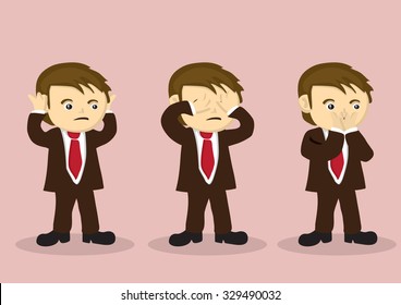 Cartoon boy character in business suit using hands to cover his mouth, eyes and mouth. Vector illustration for metaphor on see no evil, hear no evil, speak no evil. 