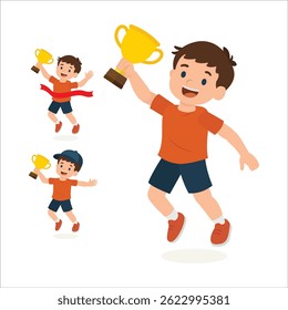 Cartoon boy character celebrating with a trophy in various editable poses. Perfect for animation, motion design, and victory or achievement-themed illustrations for kids and sports. Part of set.
