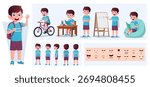 Cartoon Boy Character Constructor with Gestures, Emotions and Actions. School Child Front, side, Back View. Movable Body Parts for Animation and Lip-Sync Vector Illustration.