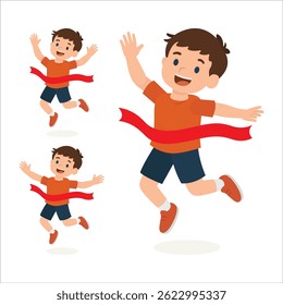 Cartoon boy character crossing the finish line in joyful running poses. The illustration includes editable elements for use in animation, motion design, and sport-themed scenes. Part of set.