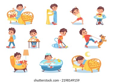 Caricatura de niño de rutina diaria. Actividades diarias. De la mañana a la noche. Despertar y almorzar a un niño pequeño. Un adolescente leyendo un libro. Higiene y estudio