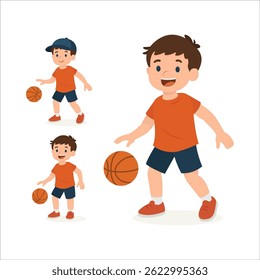 Cartoon boy character dribbling a basketball in different editable poses. This illustration is great for animation, motion design, and sport-related educational or creative projects. Part of set.