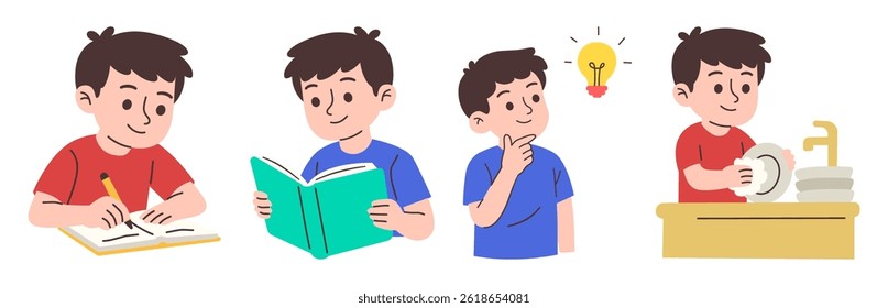 Cartoon boy character engaged in learning, creative thinking, and chores, depicting daily life and responsibility.