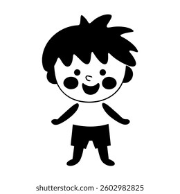 cartoon boy character with expressive face, round cheeks, and fun hairstyle standing with open arms