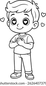 Cartoon boy character with heart eyes and hands on chest showing love or admiration in black and white line art
