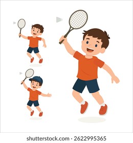 Cartoon boy character hitting a shuttlecock with a badminton racket in different editable poses. Great for animation, motion design, and fun sports or activity-themed content. Part of set.