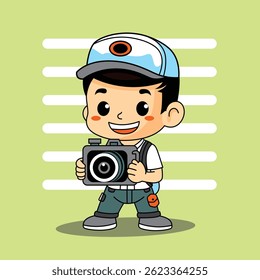 Cartoon boy character holding camera while smiling and wearing blue cap. Children activity concept

