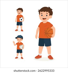 Cartoon boy character holding different sports balls in various editable poses. The illustration is suitable for animation, motion design, and multi-sport themed educational content. Part of set.
