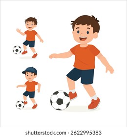 Cartoon boy character interacting with a soccer ball in various editable poses. The illustration is designed for animation, motion design, and sport-themed content. Usable in dynamic scenes. Part of s