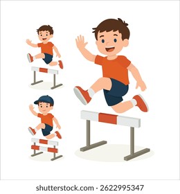 Cartoon boy character jumping over hurdles in different editable poses. The illustration is designed for animation, motion design, and sport-themed projects with dynamic movement. Part of set.