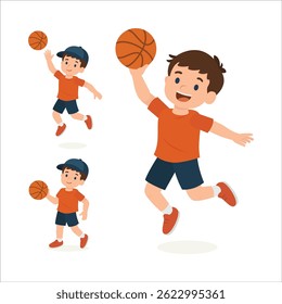 Cartoon boy character playing basketball in various editable poses. The set is suitable for animation, motion design, and sports-themed content involving action and movement. Part of set.