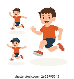 Cartoon boy character running in different animated poses. Editable character set ideal for animation, motion design, children’s content, and sports or activity-themed visual projects. Part of set.