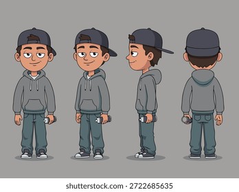 Un personaje de niño de dibujos animados que se muestra desde las vistas frontal, lateral y posterior, con una sudadera con capucha y una gorra.