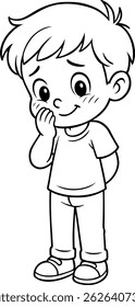 Personagem de menino de desenhos animados com uma expressão tímida, corando e cobrindo a boca em preto e branco