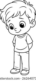 Personagem de menino de desenhos animados com uma expressão tímida, corando e cobrindo a boca em preto e branco