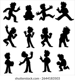 Cartoon Boy Character Silhouettes .Diverse Poses for Animation and Design.Black shadow human activity sign