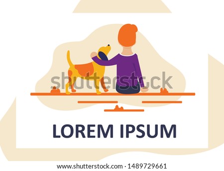 Cartoon Boy Character Sitting and Hugging Dog. Back View. Hugs with Domestic Animal. Caring for Four-Footed Friend. Adorable Puppy and Child. Flat Banner with Title. Vector Illustration