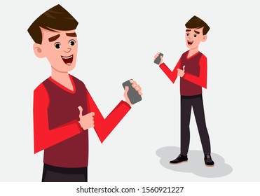 cartoon boy character standing pose with smart phone in hand. character for custom animation. Character design for animation. stylized character set for animation.